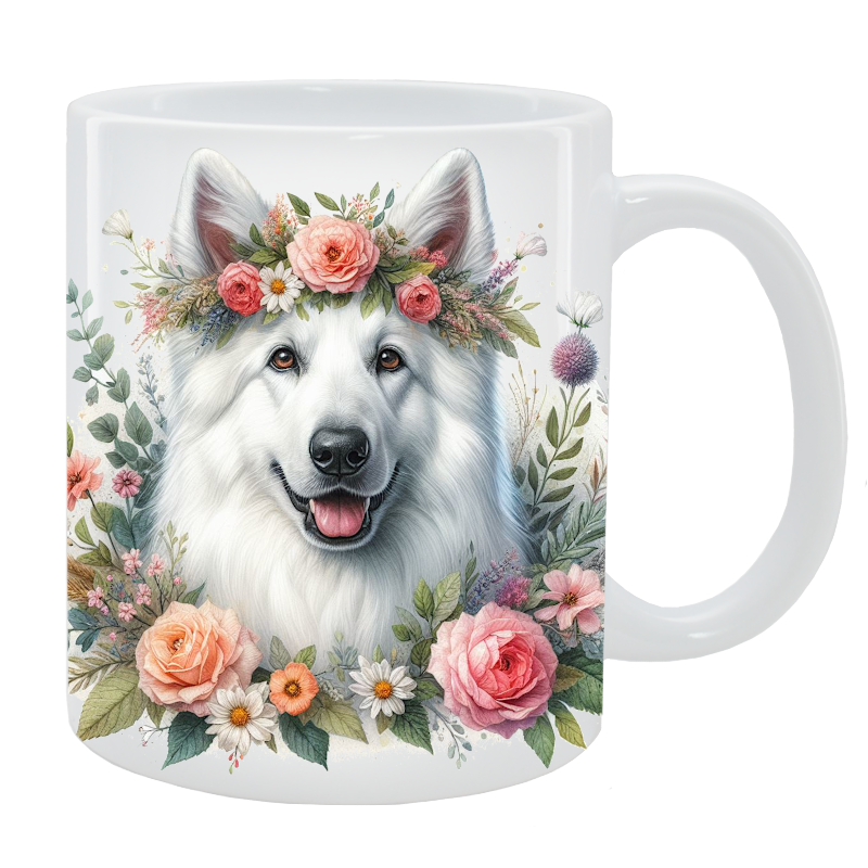 Kubek Biały owczarek szwajcarski - Kolekcja Floral